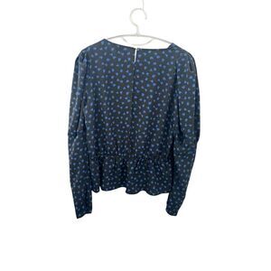 Topshop long sleeve blouse open back black with blue roses puff sleeve